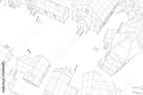 A black and white illustration of a cityscape with a lot of buildings. The buildings are all different sizes and shapes