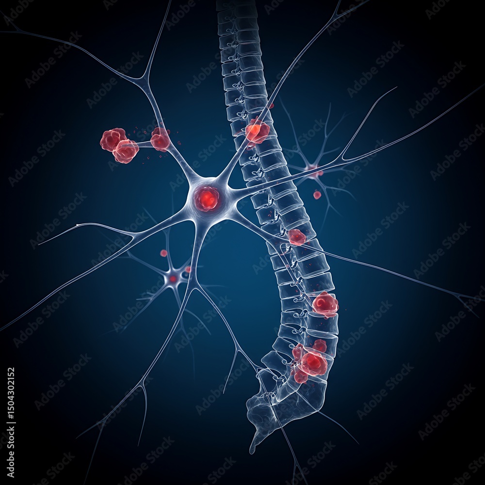 © ❤  Nancyvoz68❤  - A dynamic graphic showing interconnected neurons with chronic inflammation in the spinal cord, representing the impact of transverse myelitis on neural signaling.