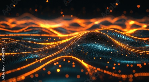Abstract digital landscape of swirling, glowing particles