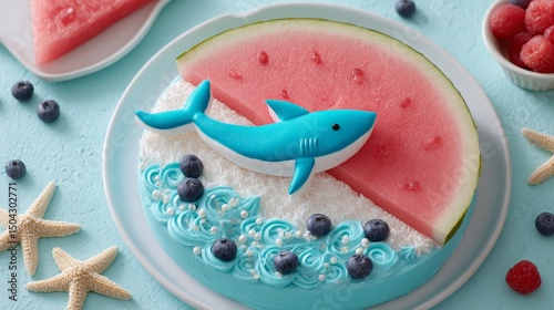Watermelon shark cake with blueberries and starfish on blue background