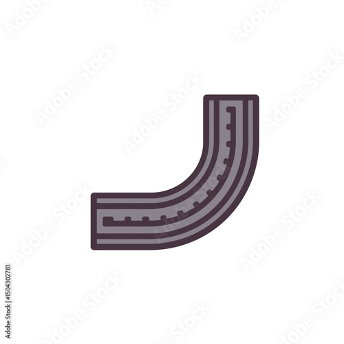 Curved piping segment joins corners within gray industrial setup