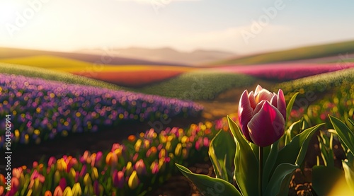 Vibrant tulip fields stretching towards a sunrise.  A single,  pink tulip stands out amidst a colorful landscape of blossoming flowers