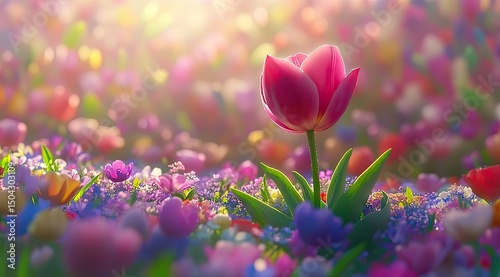 Vibrant flower field bathed in sunlight