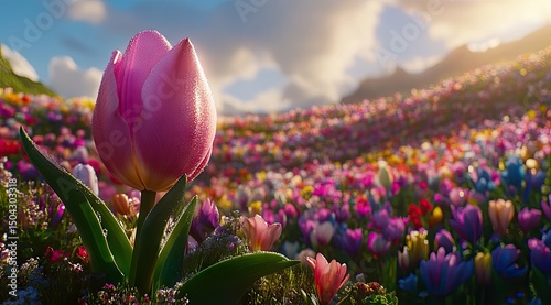 Vibrant flower field at sunrise