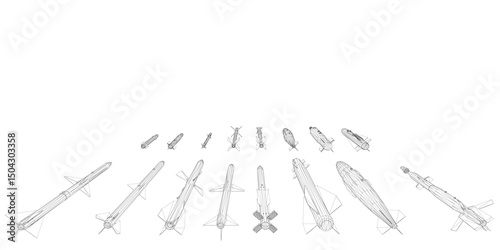 A series of missiles are shown in a black and white illustration. Concept of chaos and destruction, as the missiles are scattered across the white background