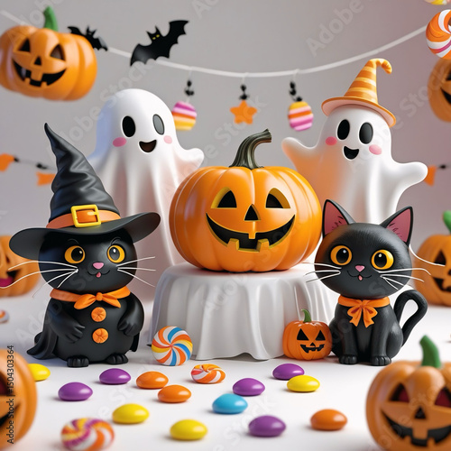 Cute Halloween Black Cat, Ghosts, and Pumpkins with Colorful Candy – Festive Cartoon Illustration
