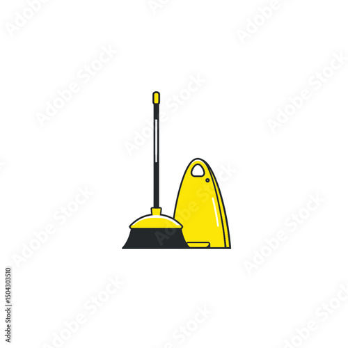 Yellow broom sweeps floor next caution sign indoor space clean