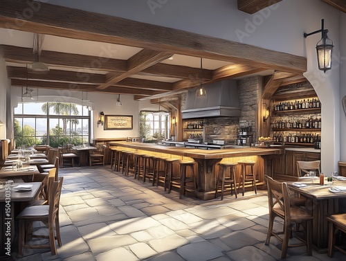 An inviting interior design showcasing a rustic restaurant with ample seating