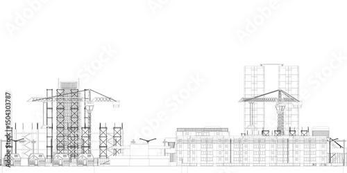 A drawing of a city skyline with two buildings and a bridge. The buildings are tall and the bridge is long. The sky is clear and the buildings are spread out