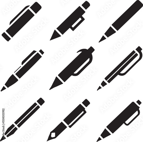 Set of pen icons including ballpoint pencil fountain in black gold and silver isolated on white background
