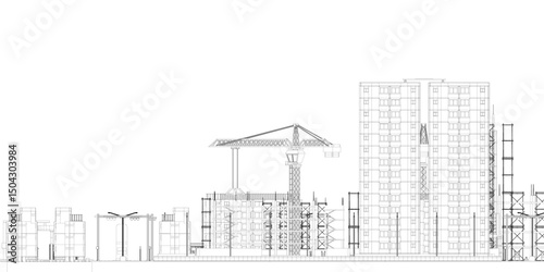 A drawing of a city skyline with a large building in the middle. The drawing is in black and white and has a very clean and simple style. The mood of the drawing is calm and peaceful