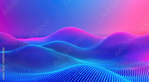 Abstract digital landscape of interconnected points, forming smooth, undulating hills in vibrant gradients of blue, pink, and purple
