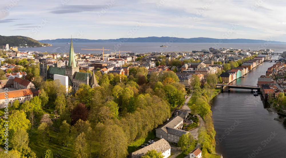 Fototapeta premium Nidaros Cathedral, and downtown Trondheim, Norway, aerial panoramic view, spring colors, historical buildings