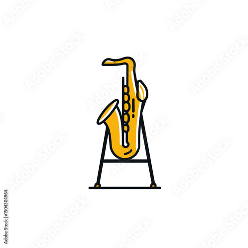 Golden saxophone rests upright in simple studio display