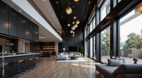Modern luxury open-concept living space with black kitchen and tall windows
