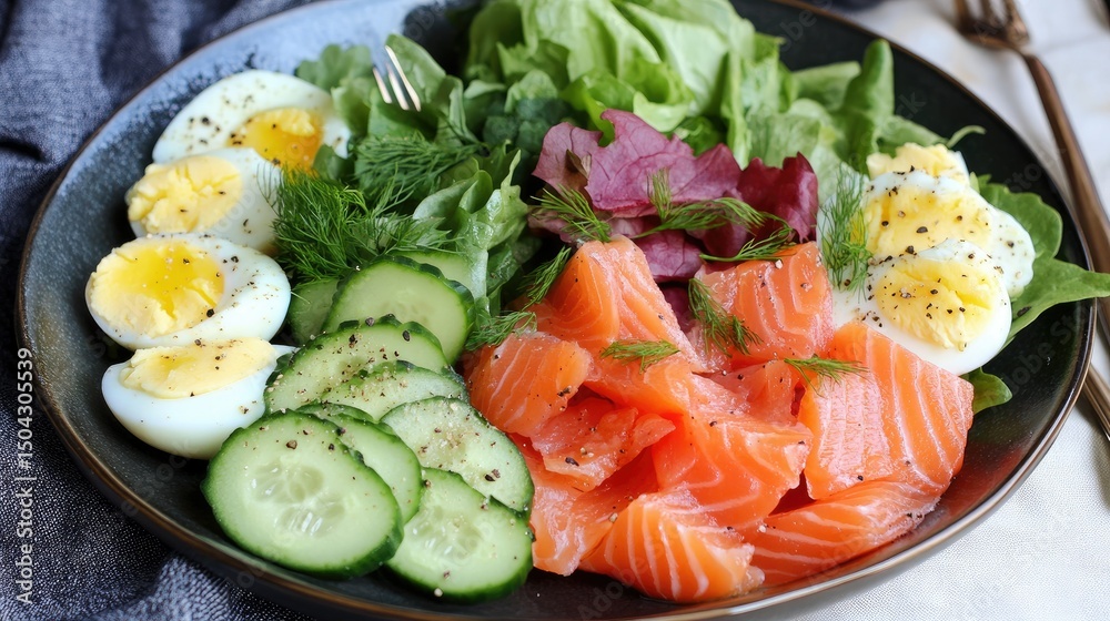 A nutrient-rich ketogenic breakfast plate featuring salmon, avocado, cucumbers, eggs, and leafy greens, shot from overhead. A nutrient-rich ketogenic breakfast plate featuring salmon, avocado, cucumbers, eggs, and leafy greens, shot from overhead.