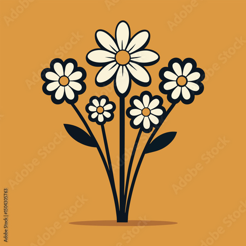 Stylized vector illustration of a daisy bouquet on a warm orange background.