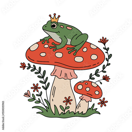 Adorable cartoon frog king wearing a golden crown perched atop a whimsical mushroom in nature.