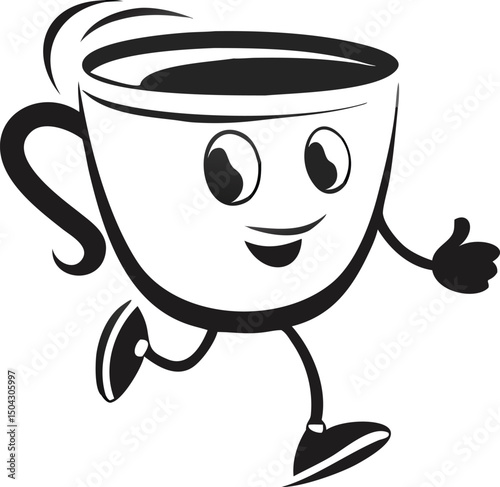 Cheerful cartoon coffee cup character running and offering a thumbs up gesture.
