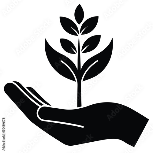 Symbol of environmental protection a hand holding a growing plant in a minimalist black and white illustration.