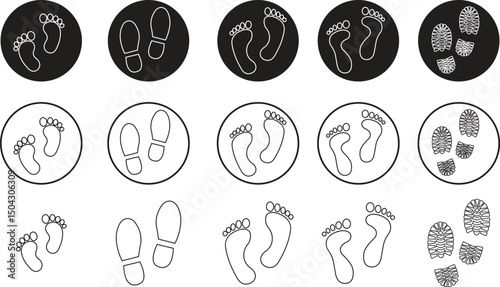 Different human footprint icons collection. Man, woman, baby child, shoe foot print set. line