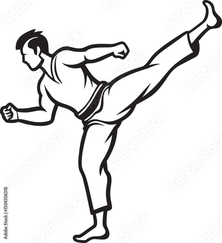 Black vector silhouette illustration of a martial arts karate fighter in a dynamic sport competition pose.