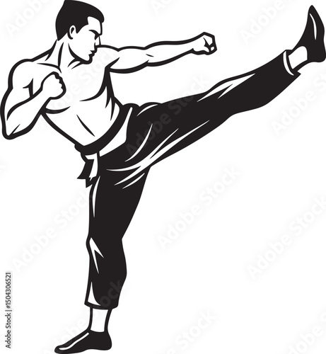 Black vector silhouette illustration of a martial arts karate fighter in a dynamic sport competition pose.