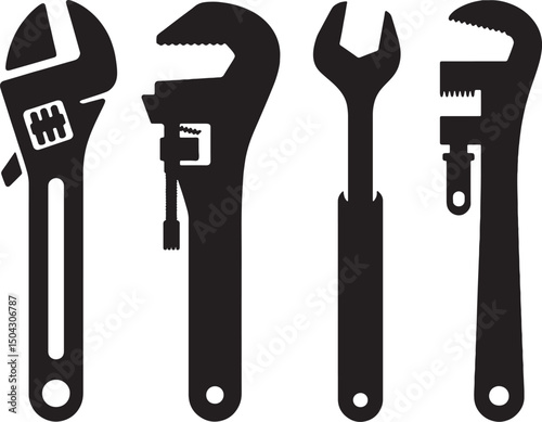 Black and white wrench icons tool set silhouette