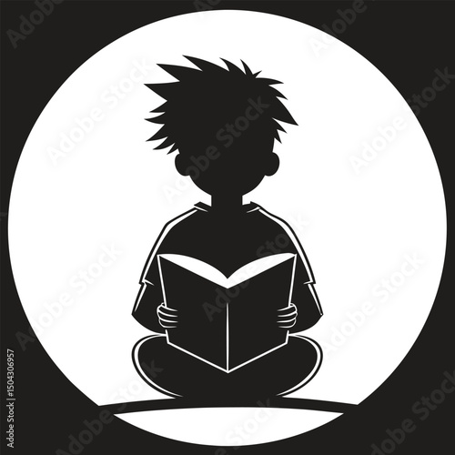 Childhood silhouette reading icon inspiring a love for books. boy, reading, logo, book, child, kid, learn, education, story, knowledge.