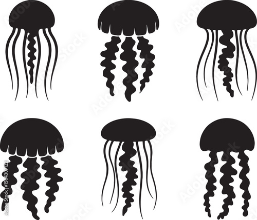 Six silhouettes of jellyfish ocean life sea creatures