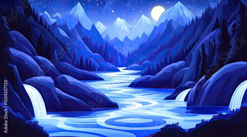 Serene mountain river at night