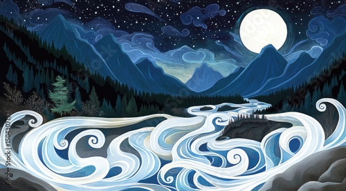 Nightly river flows through mountains under a full moon