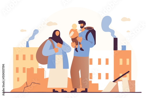 Refugee family walking through war-torn city, vector illustration of displacement, hardship, and survival