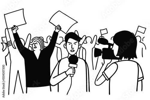 Protest march scene. Journalists interviewing activists, crowd holding banners, line art illustration