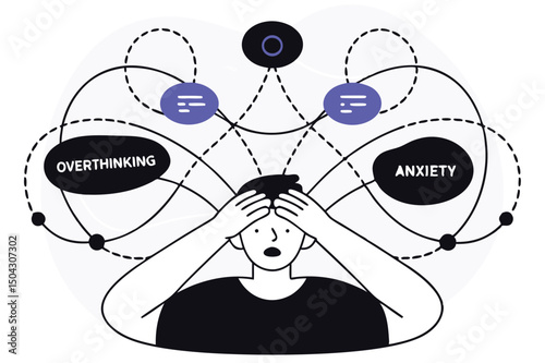 Overthinking vector concept. Human head filled with chaotic text, wires, and shadows, anxiety disorder visual