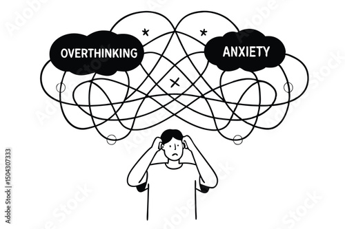 Psychological stress illustration. Overthinking vector design. Tangled thoughts, anxiety spiral, mental stress