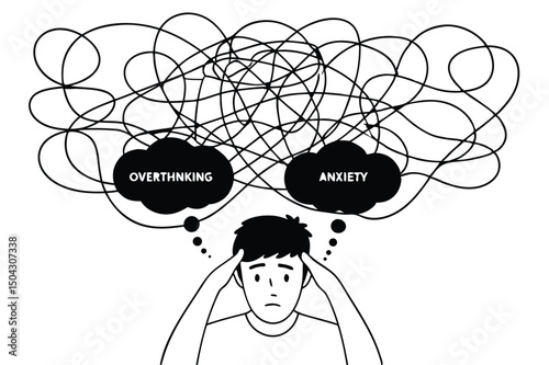 Overthinking mind chaos. Tangled thoughts, anxiety spiral, mental stress vector illustration, psychology concept