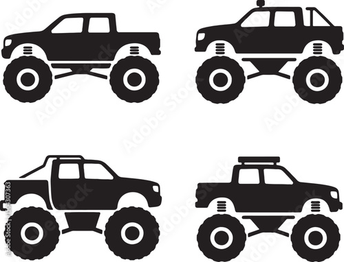 Four silhouette monster trucks off road vehicles