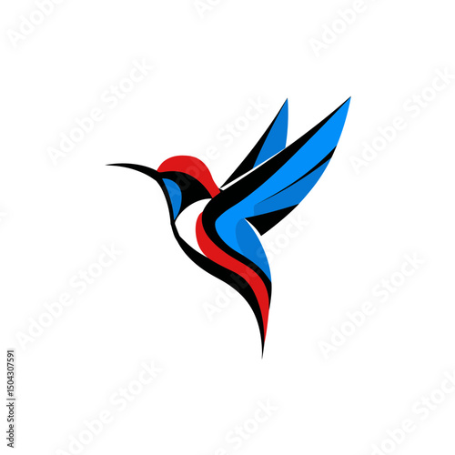 Stylized hummingbird flies alone against white background design