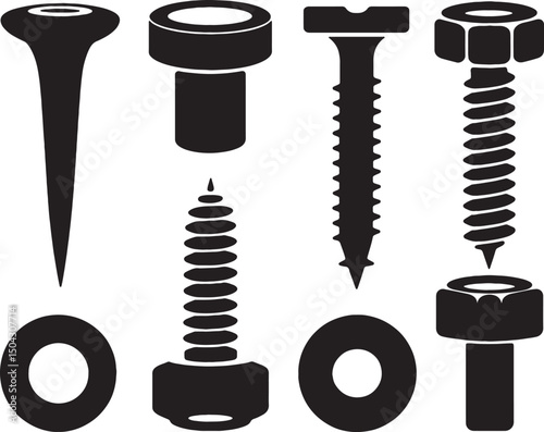 Assortment of black and white fasteners hardware