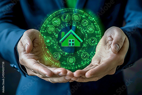 Photograph of a businessman's hands holding an energy emblem with carbon neutral, net zero, and green pillar icons