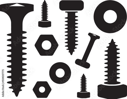 Collection of black silhouettes various screws bolts nuts washers