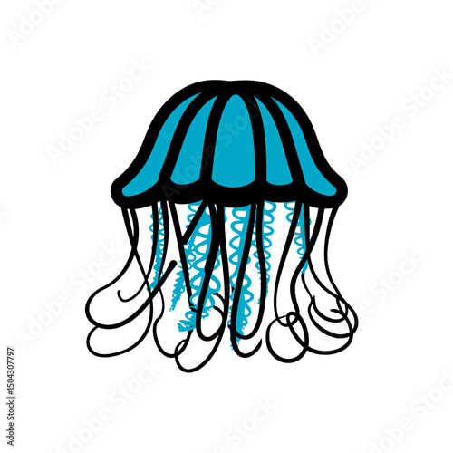 Teal jellyfish floats gracefully aquatic themed white background illustration