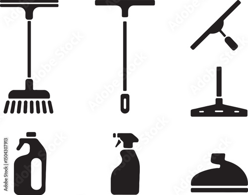 Cleaning supplies icons set broom squeegee spray bottle