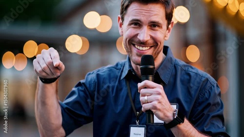 Engaging tour guide speaking with microphone at outdoor event  