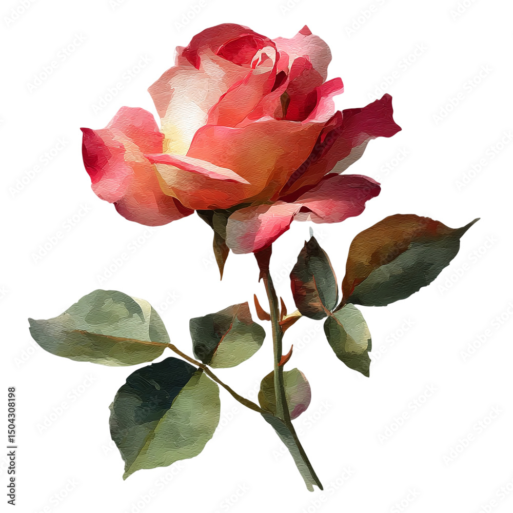 Fototapeta premium Beautiful watercolor painting of a rose with delicate petals and green leaves on a transparent background