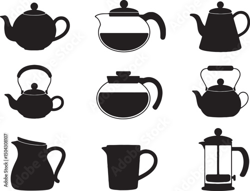 Nine black silhouettes of tea and coffee pots