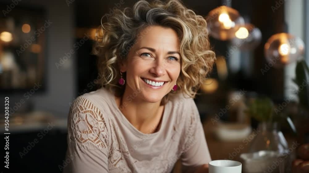 In a charming cafe, a woman beams with happiness while enjoying a warm drink. The ambiance is filled with light and laughter, creating a serene, inviting atmosphere In a charming cafe, a woman beams with happiness while enjoying a warm drink. The ambiance is filled with light and laughter, creating a serene, inviting atmosphere