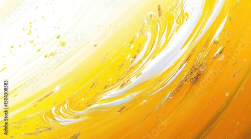 Abstract swirling yellow and white paint with gold flecks