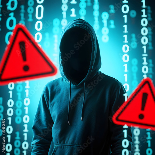 Cybercrime hacker in hoodie surrounded by binary code and red warning signs, digital security breach and data theft concept